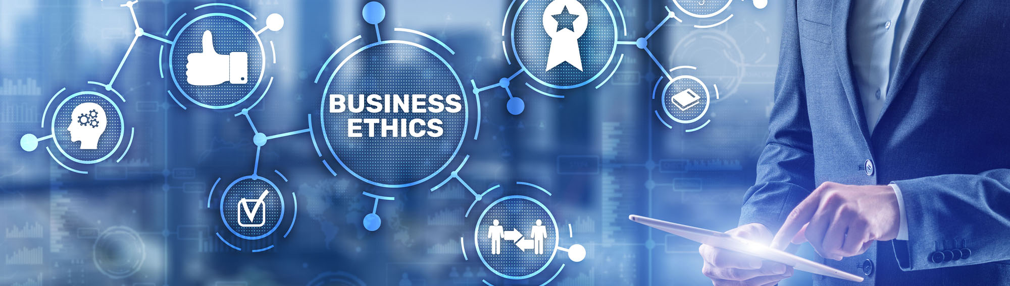 A graphic that says Business ethics and has icons of thumbs up, a thinking brain, a checkmark, etc.